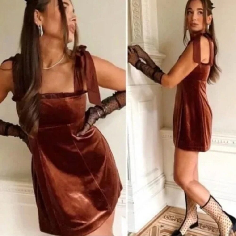 NEW ⭐️ Danielle Bernstein Copper Brown Velvet Tie Bow Shoulder Mini Party Dress
